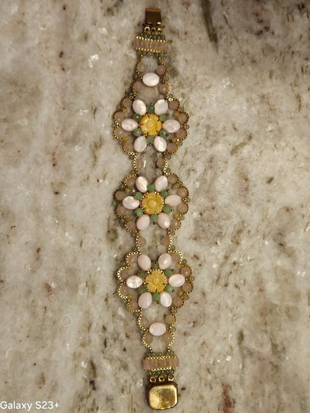 STATEMENT MIGUEL ASES ROSE QUARTZ JADE AVENTURINE CALCITE FLOWER STRAND BRACELET